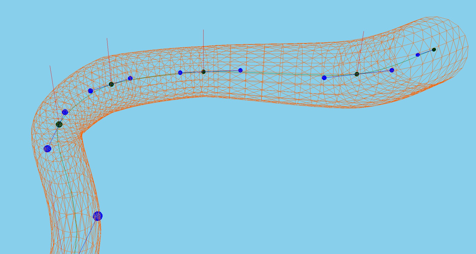 Wireframe mesh of the Snake, with control points of the bezier curve highlighted.